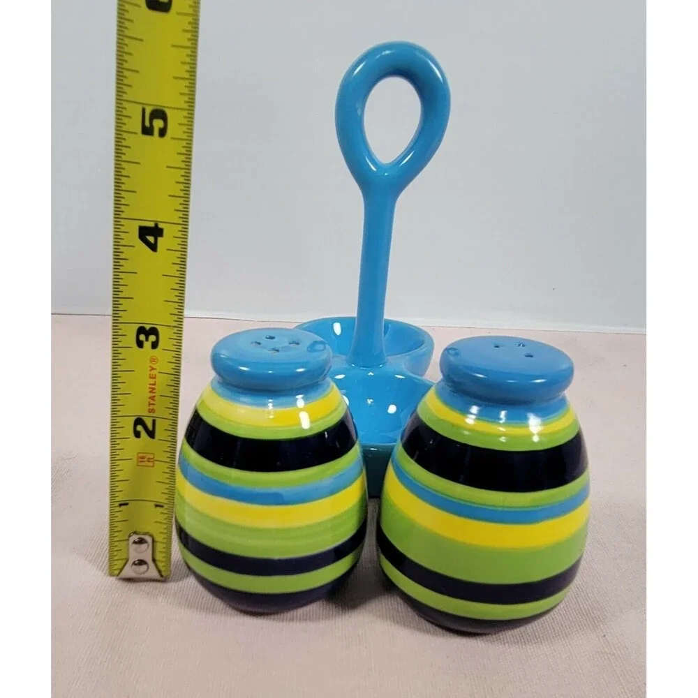 Ceramic Salt & Pepper Shakers with Holder- Blue green yellow multicolor